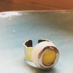 Egg:  Porcelain/lucky yellow glaze/ Gold,Silver paint